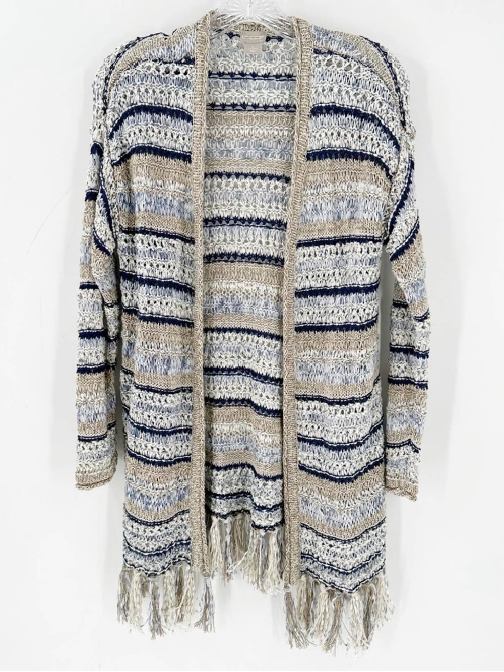 Chico's Beige, Navy & Cream Striped Open-Front Fringe Cardigan